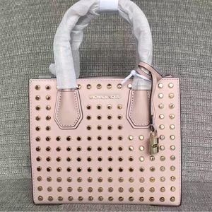 NWT Michael Kors Mercer Medium Studded Leather Satchel Ballet / Gold